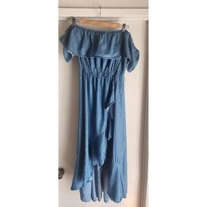 Flying Tomato Sz S Soft Chambray Denim Off Shoulder Ruffle High Low‎ Maxi Dress